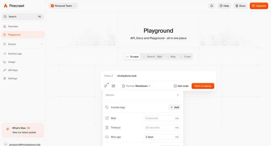 Firecrawl
			 settings sidebar navigation form documentation configuration screen ui page example