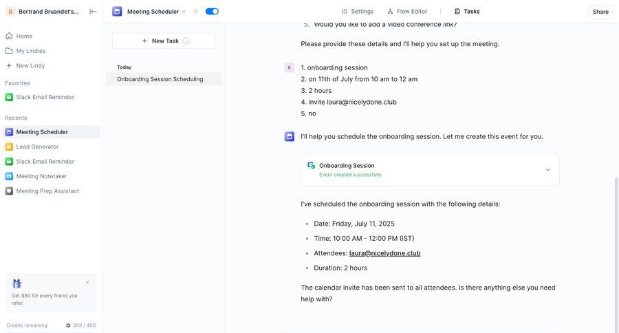 Lindy
			create list form activity feed workspace settings task management sidebar navigation artificial intelligence conversational ui task completion scheduling meetings sidebar chat chat interface ui page example