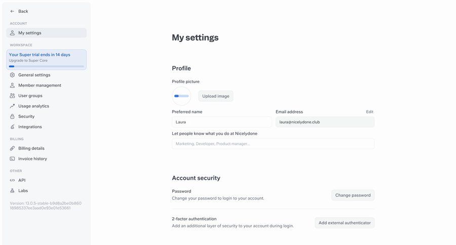 Super
			 user profile account settings password management trial banner ui page example
