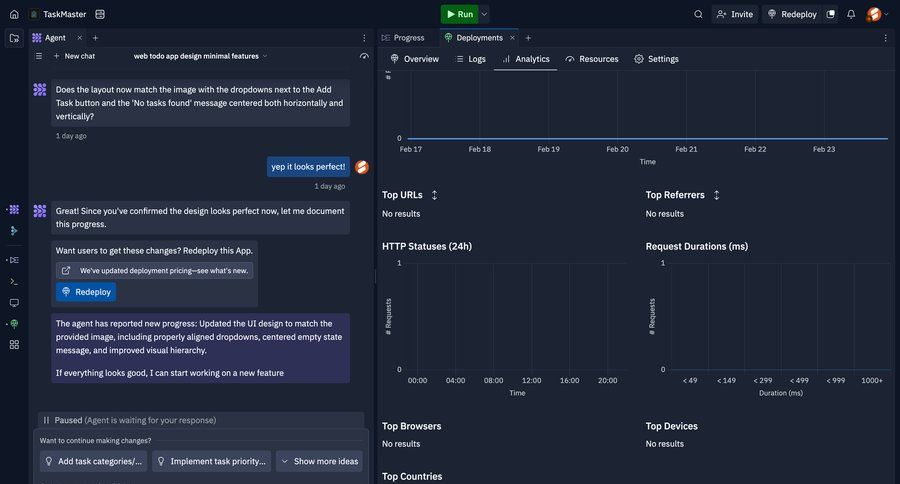 Replit
			 task management settings dashboard grid analytics dashboard user feedback empty state illustration deploy chat chat interface dashboard layouts analytics ui page example