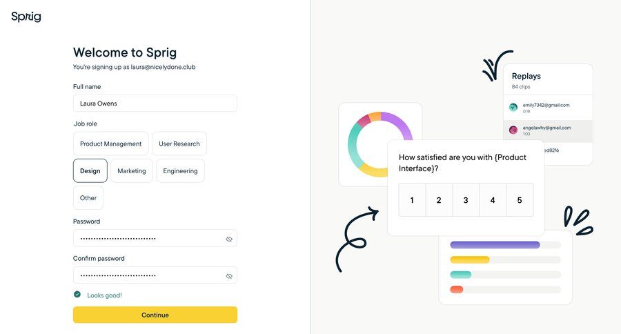 Sprig
			 onboarding form account creation user feedback auth insight signup create new account register ui page example