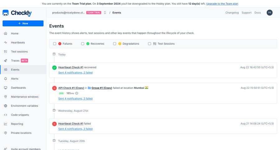 Checkly
			list activity feed events sidebar navigation sidebar monitoring recent activity social feed activity stream version history ui page example