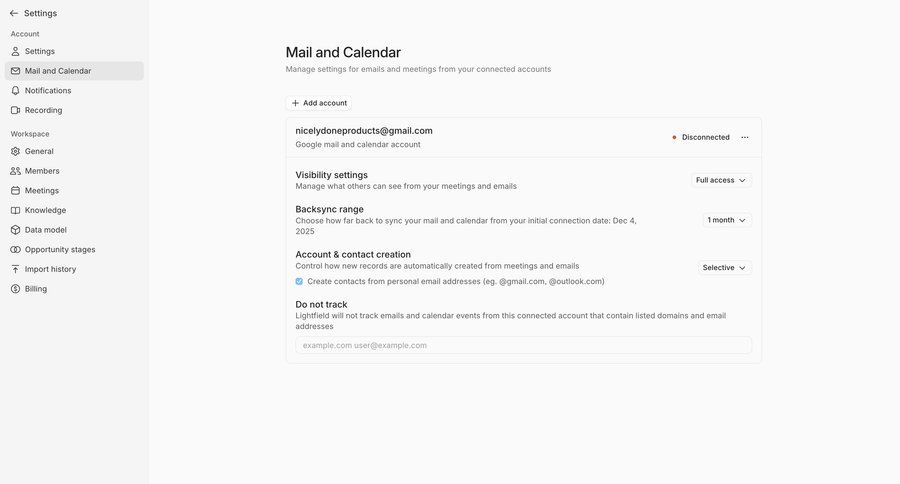 Lightfield
			 account settings integration management ui page example