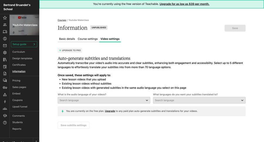 Teachable
			 configuration settings sidebar navigation form video management sidebar paywall ui page example