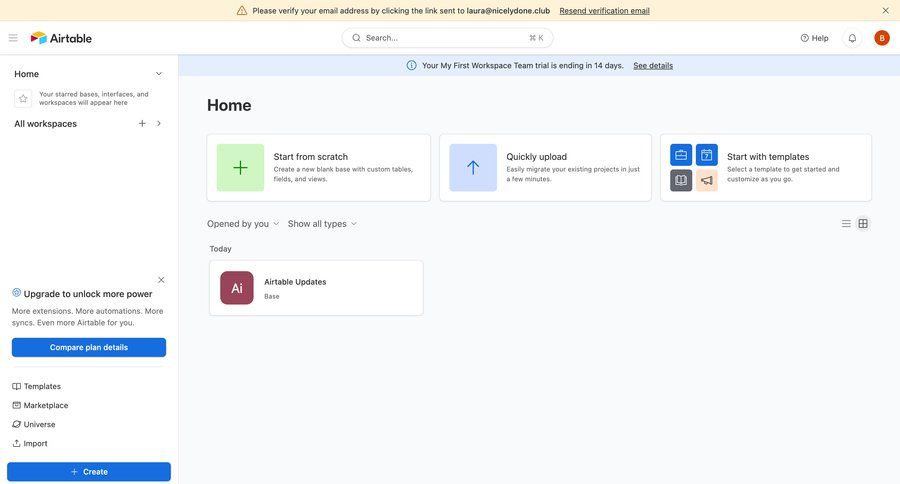 Airtable
			 data management dashboard sidebar navigation project management grid onboarding project setup templates import data workflow automation template selection email verification wizard sidebar alert data import import file create import tool import wizard task management dashboard importing data file picker database management ui page example