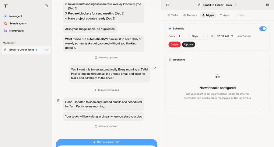 Twin
			 task management configuration sidebar navigation artificial intelligence automation progress indicator split view conversational ui conversational interface sidebar time picker chat navigation bar monitoring chat interface conversational ui page example