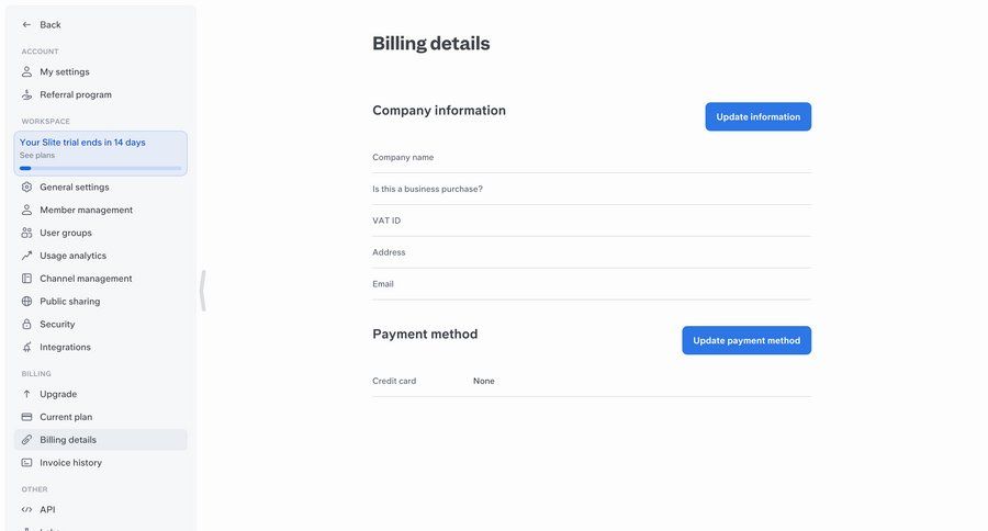 Slite
			 settings sidebar navigation account management form account settings payment method ui page example