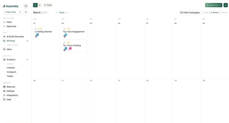Assembly
			 content management sidebar navigation grid schedule calendar screen personal space menu analytics time management ui page example