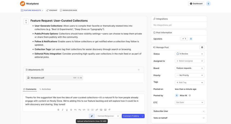 FeatureOS
			 collaboration grid form full-screen layout tagging attachment sidebar detail view upload file ui page example