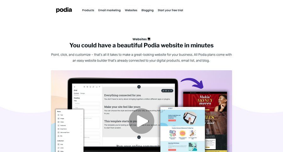 Podia
			 coming soon free trial call to action marketing website design check out bot builder ui page example