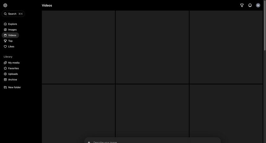 Sora
			 sidebar navigation grid video management full-screen layout content discovery sidebar navigation menu menu folder search bar avatar upload ui page example