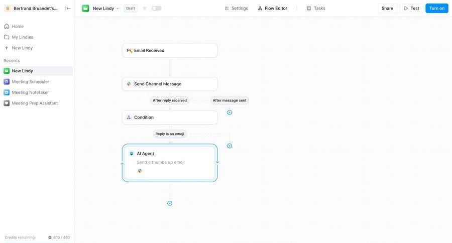 Lindy
			 task management configuration settings sidebar navigation artificial intelligence grid workflow automation editor design workflow automation workflow creation drag and drop sidebar create menu sharing ui page example
