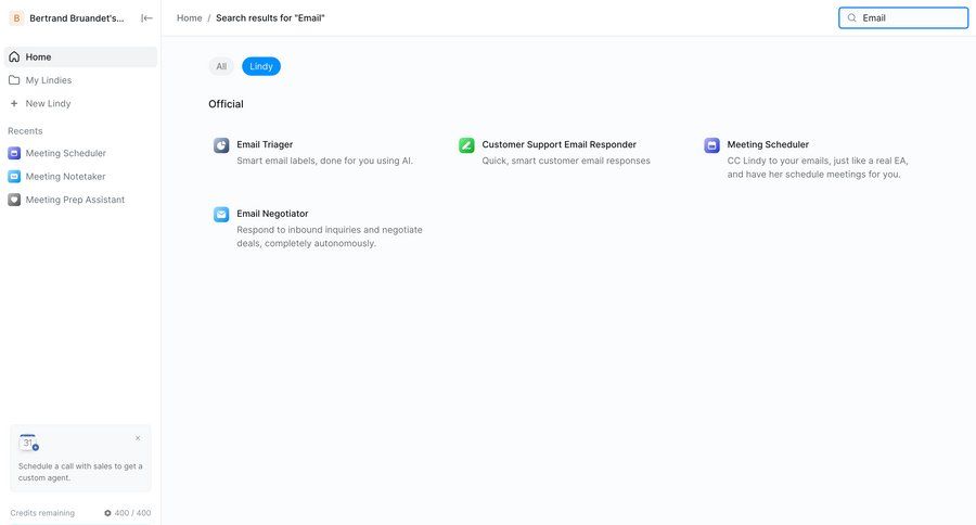 Lindy
			 artificial intelligence email management search bar search results ui page example