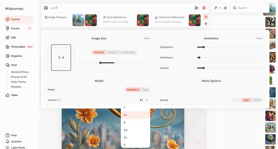 Midjourney
			 settings sidebar navigation artificial intelligence grid design style customization menu configuration screen ui page example