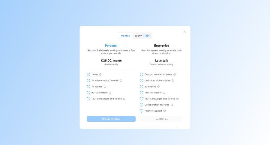 Synthesia
				plans & pricing (in app) page example