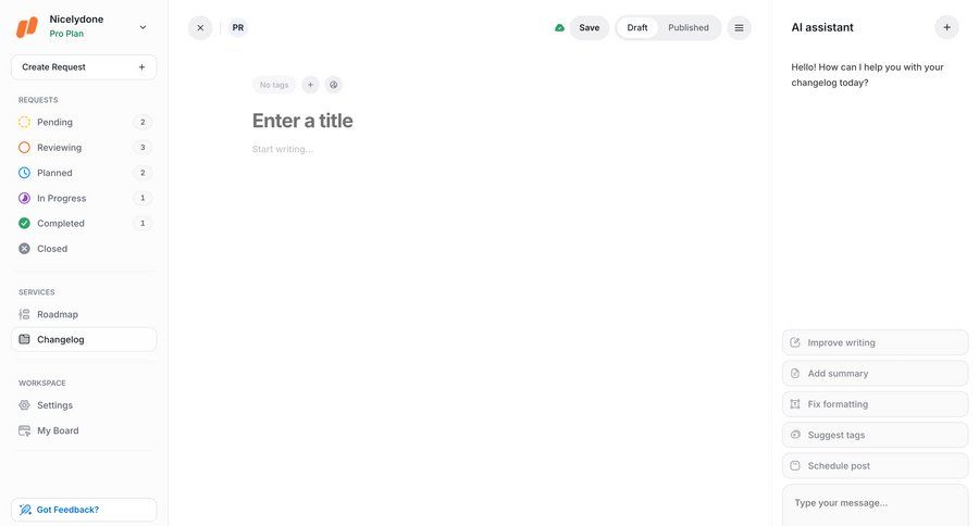 UserJot
			create content editor changelog collaboration form editor tagging sidebar create menu ui page example