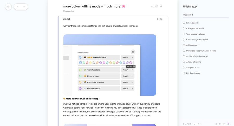Superhuman
			 modal screen onboarding modal interaction calendar management color selection email rounded corners color palette sidebar progress bar modern offline mode ui page example