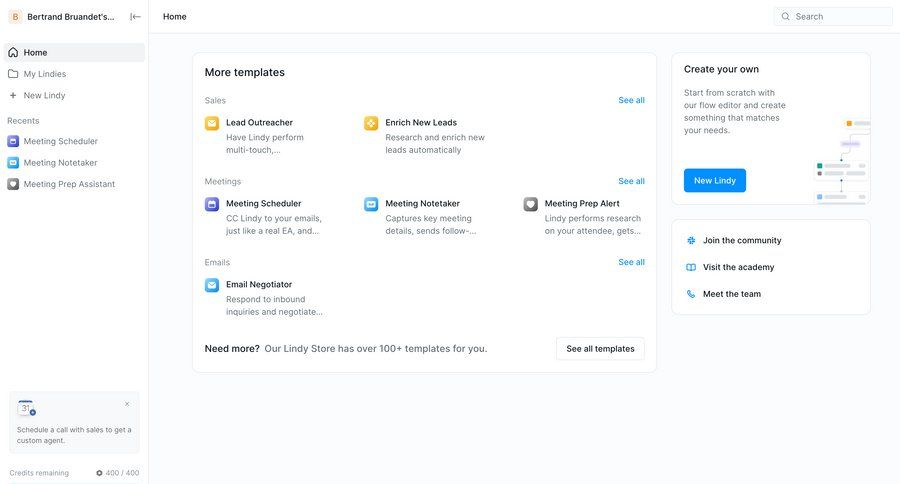 Lindy
			 dashboard sidebar navigation workflow onboarding automation project setup templates template library workflow automation project creation template selection sidebar search bar card layout ui page example