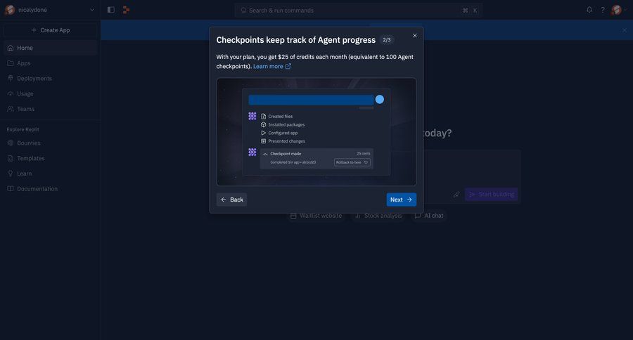 Replit
			 modal screen onboarding progress indicator progress tracking tutorial guide setup on boarding progress guided tour progress bar ui page example