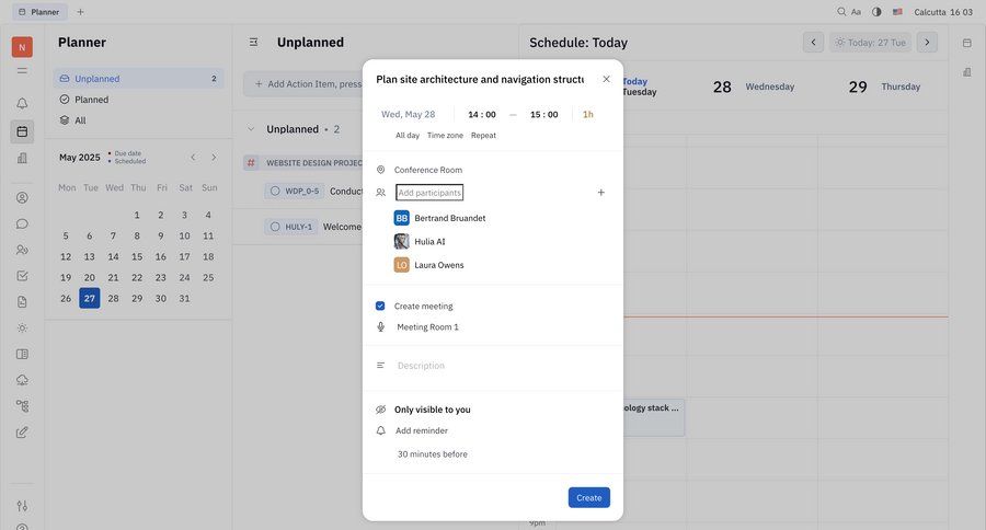 Huly
			create calendars timeline task management grid scheduling meetings calendar screen sidebar date picker ui page example