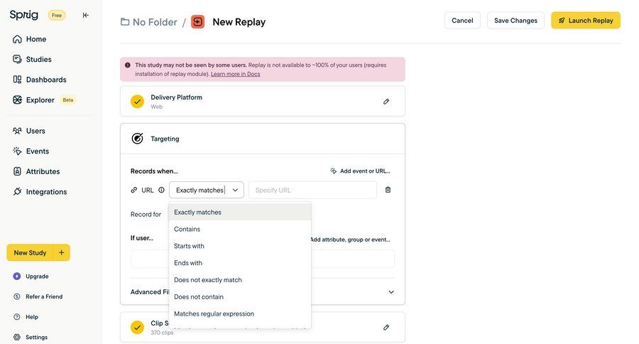 Sprig
			 modal screen configuration form user research save changes dropdown filters alert parameters new create setup ui page example