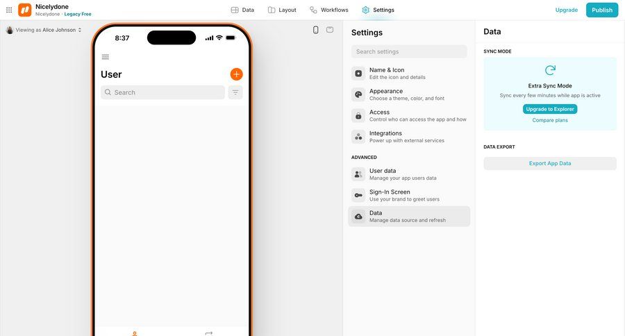 Glide
			 data management settings data export full screen modal ui page example