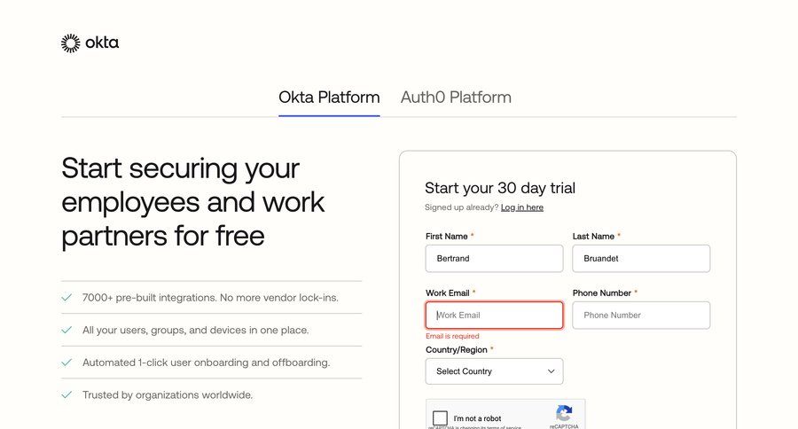 Okta
				signup ui page example