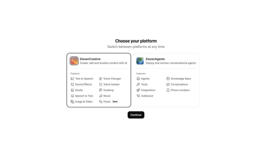 Elevenlabs
			 account setup workspace creation ui page example