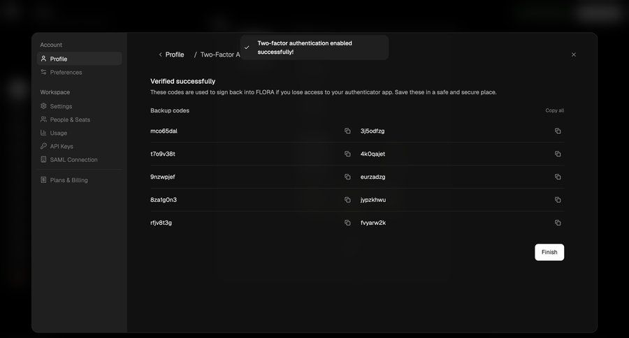 Flora
			 sidebar navigation account management account setup confirmation screen account settings minimalist design hierarchical navigation sidebar security confirmation message ui page example