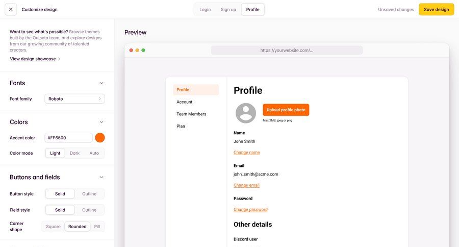 Outseta
			 settings grid onboarding form design color selection user profile change password ui page example