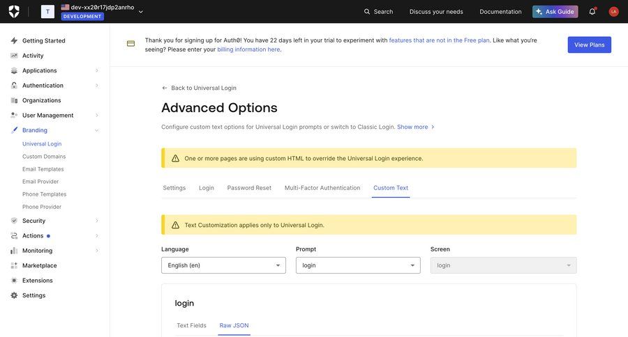 Auth0
			 configuration settings sidebar navigation user management form user settings customize authentication getting started advanced search localization code snippet ui page example