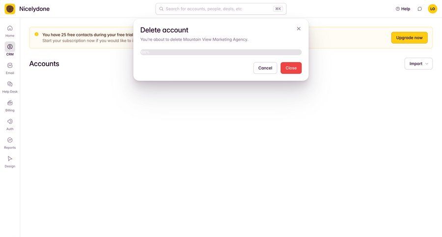 Outseta
			 sidebar navigation account management account settings account deletion full-screen layout cancel deletion progress bar confirmation message ui page example