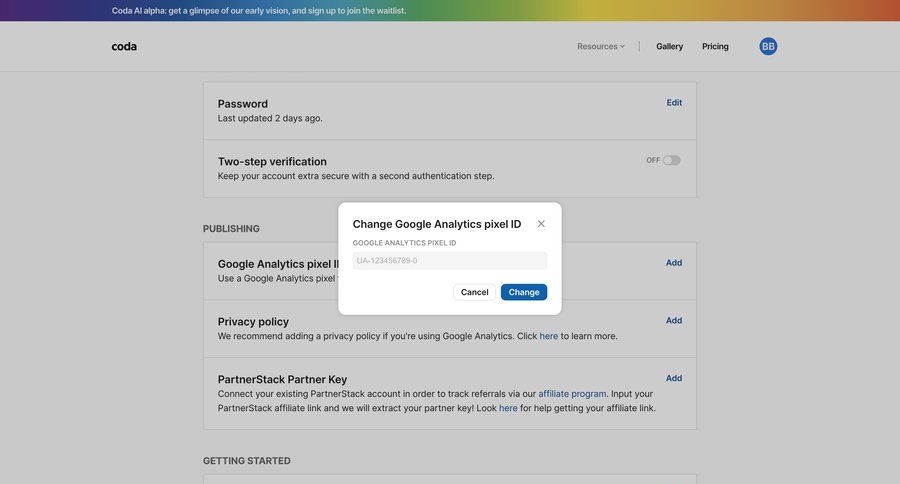 Coda
			 user account settings form account management account settings analytics account setup cancel action getting started affiliate program analytics integration ui page example