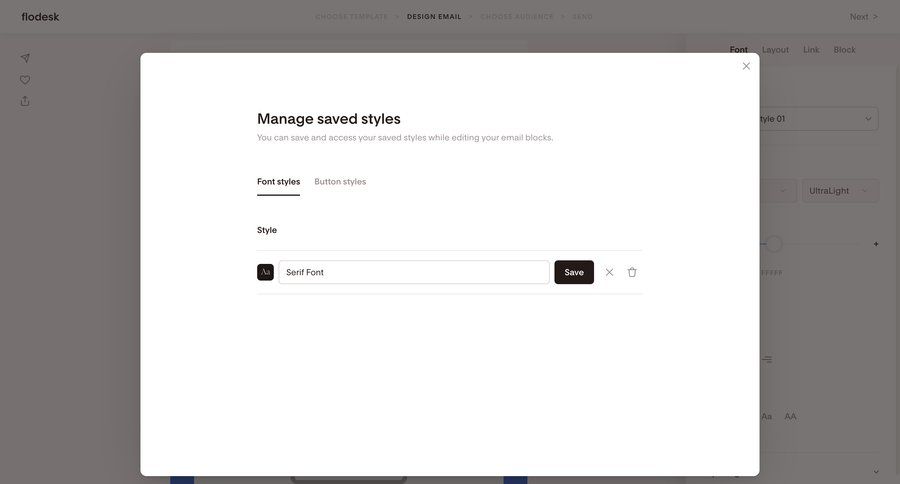 Flodesk
			 settings editor design style customization typography preferences announcement ui page example