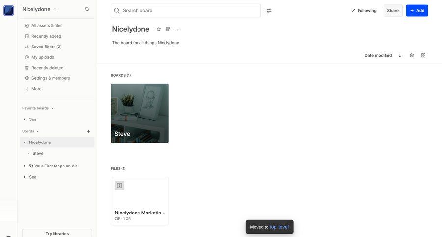 Air
			 content management collaboration dashboard sidebar navigation project management grid onboarding file management file organization content discovery content hierarchy sidebar search bar ui page example