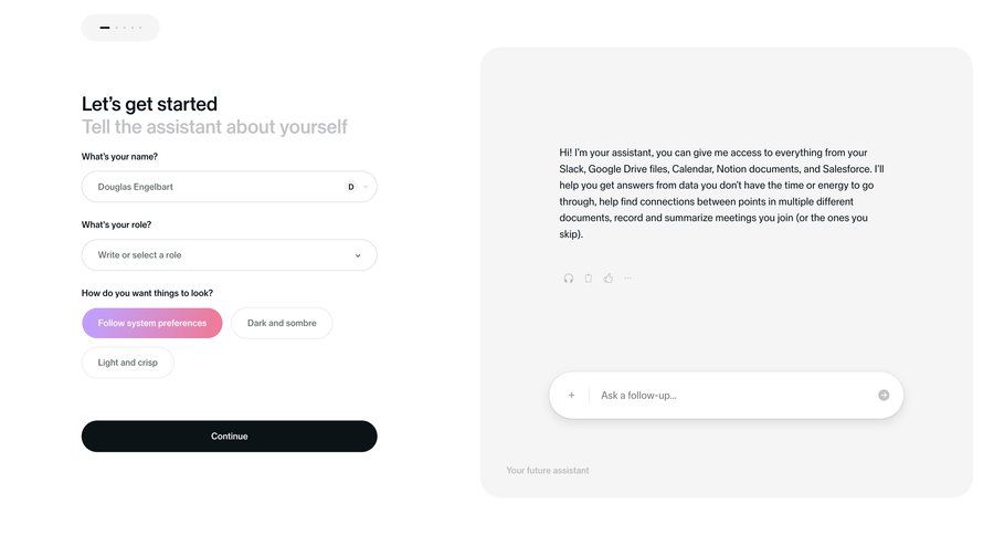 Sana
			 artificial intelligence onboarding form split screen account creation conversational ui conversational interface setup modern ui page example