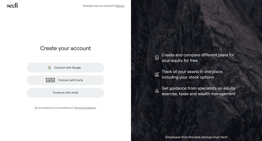 Secfi
			 split screen account creation authentication sign in create generate signup create new account connect service ui page example