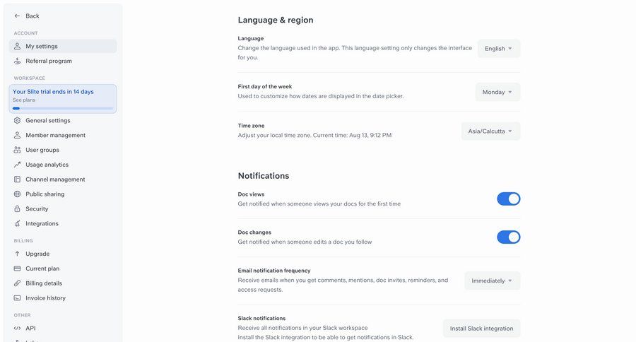 Slite
			settings language settings account settings workspace settings notification settings settings sidebar navigation form workspace settings account settings integration notification settings ui page example