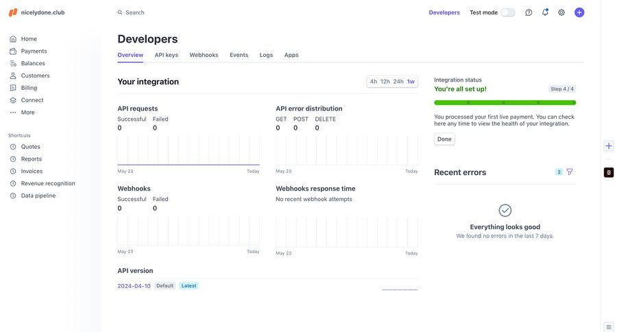 Stripe
			 progress bar menu dashboard integration fintech api management integration setup developer portal monitoring dashboard overview shortcuts connect service api analytics ui page example