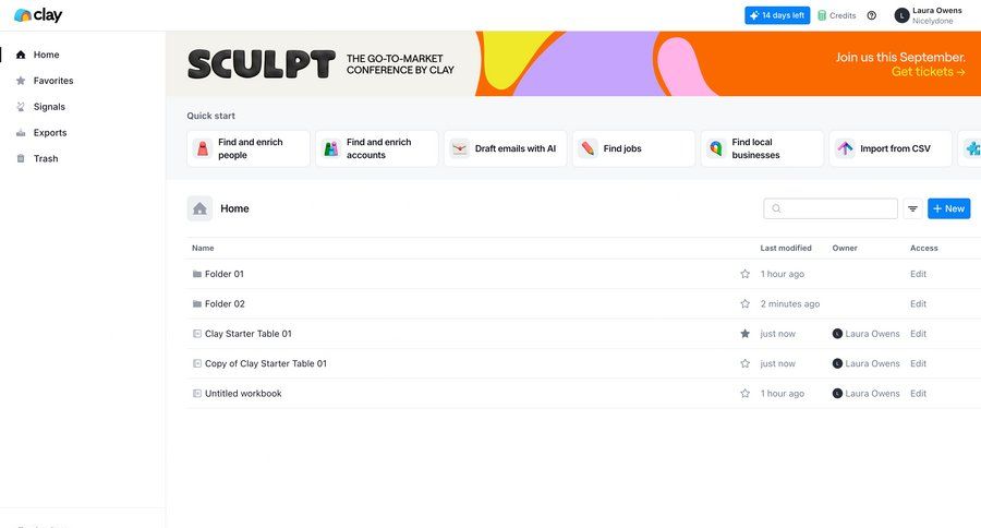 Clay
			 data management collaboration dashboard sidebar navigation onboarding file management file organization content discovery create folder table ui page example