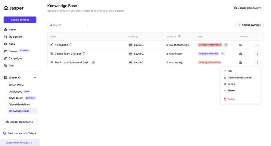 Jasper
			 content management team collaboration dashboard sidebar navigation artificial intelligence grid onboarding delete file upload knowledge base knowledge management sidebar menu download table ui page example