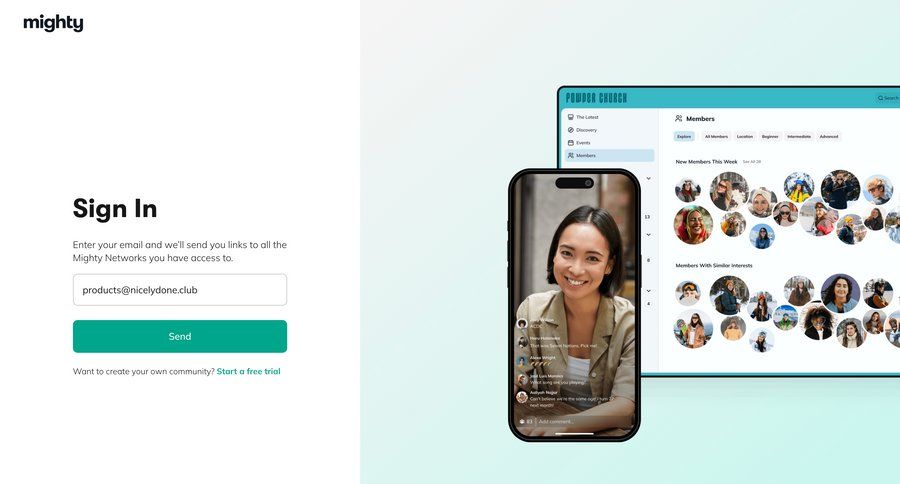 Mighty
			signin form product tour grid onboarding split screen sign in user profile social feed ui page example