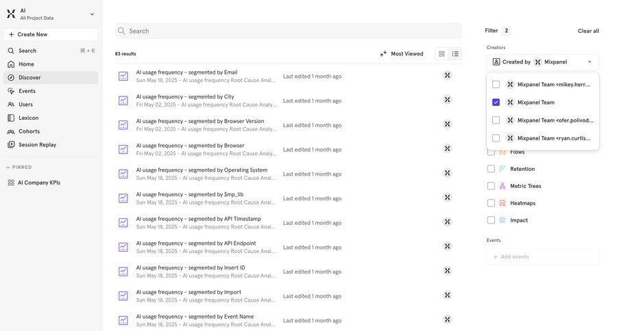 Mixpanel
			 data analytics search results ui page example