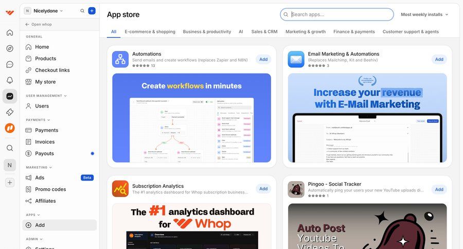 Whop
			 e-commerce dashboard automation finance workflow automation application management sidebar integration modern global search analytics email marketing ui page example