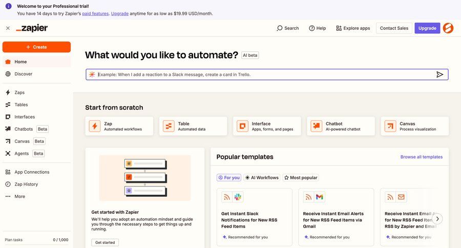 Zapier
			 workflow onboarding automation templates workflow builder workflow creation full-screen layout template selection sidebar create menu integration ui page example