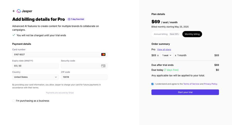 Jasper
			 artificial intelligence form subscription management free trial payment processing ui page example