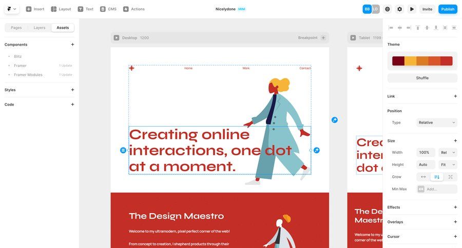 Framer
			 design real-time preview drag and drop typography color palette modern ui page example
