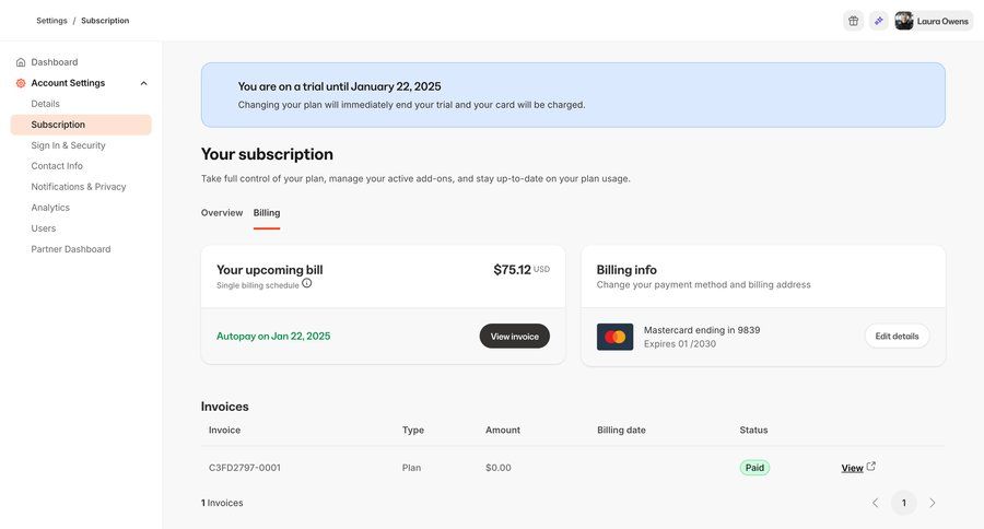 Kajabi
			 settings account management account settings subscription management content blocks payment method billing history sidebar table ui page example