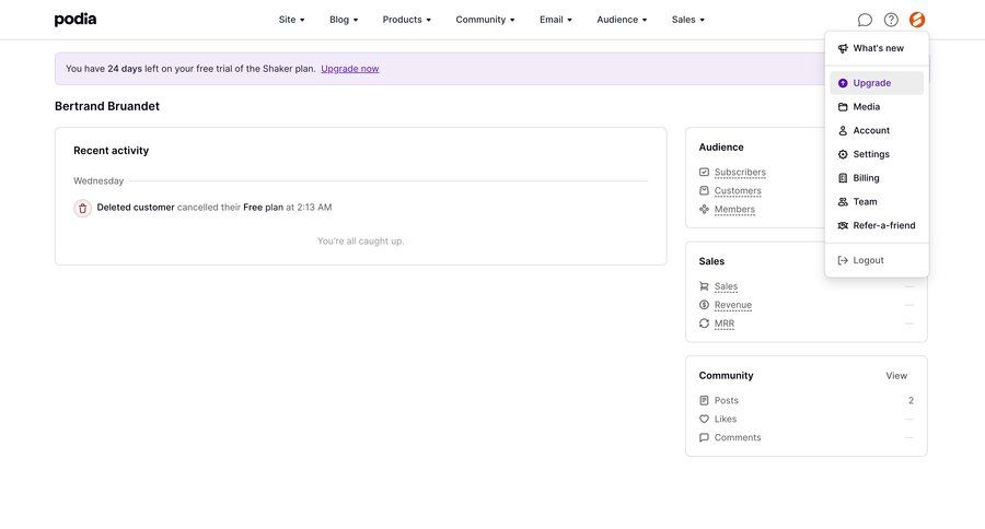 Podia
			 e-commerce dashboard account management grid onboarding user activity free trial free plan sidebar personal space menu recent activity toast notification ui page example