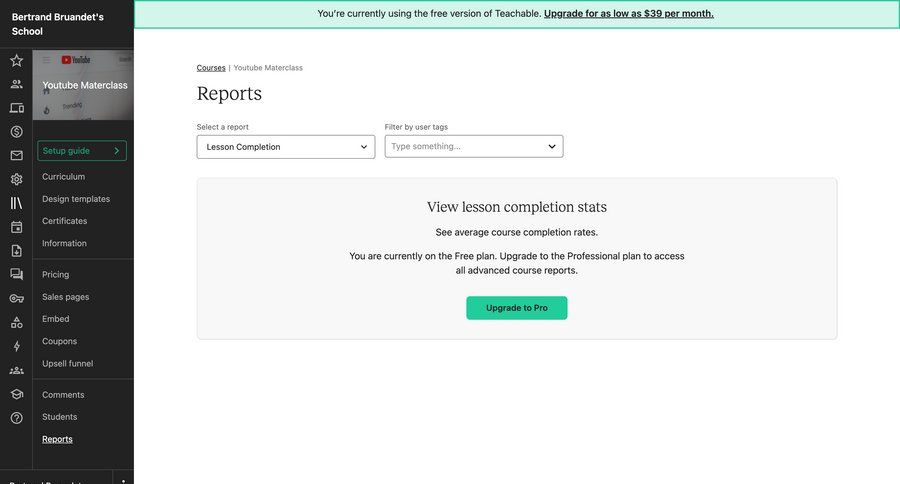 Teachable
			 sidebar navigation form subscription management data analysis data display user data free plan dropdown filters sidebar pay payment options product packages paywall payment page payment confirmation prompt completion ui page example